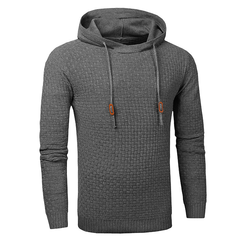 Men's hoodie sweater, charcoal gray textured knit, drawstring hood and front pocket