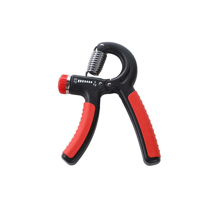Finger exerciser hand grip with black frame and red handles, standalone front view