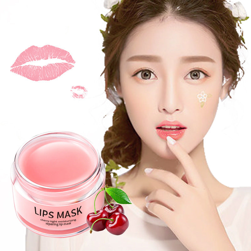 Lips mask jar with pink gel beside model lips and cherry leaves