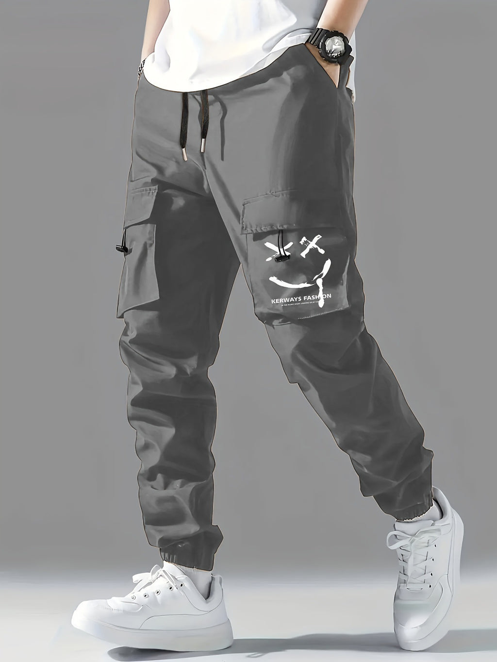 Dark gray cargo jogger pants with utility side pocket and tied drawstring cuffs