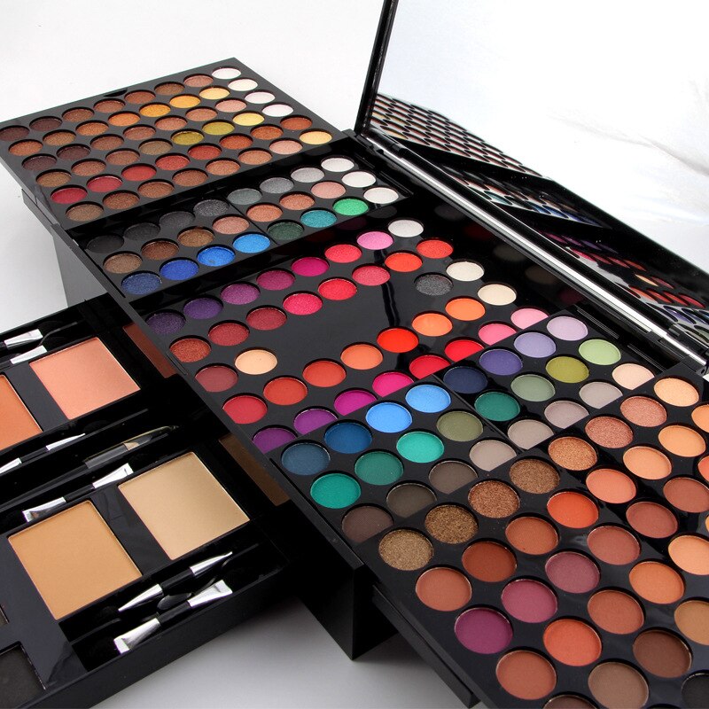 Open eyeshadow palette with rows of matte and shimmer color pans