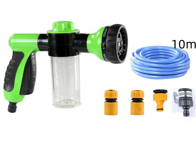 Foam spray gun kit with green sprayer, 10m blue hose, and included nozzle pieces.