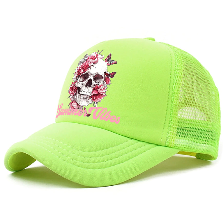 Men's casual baseball cap, neon green front with skull floral graphic and mesh back panel