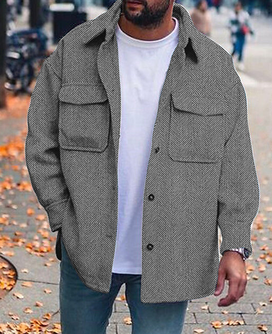 Men's polo-collar coat shirt in dark gray herringbone with button front and flap chest pockets.