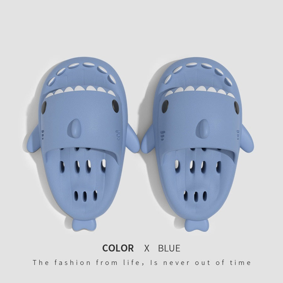 Shark EVA shower slides with drain holes, blue cartoon design