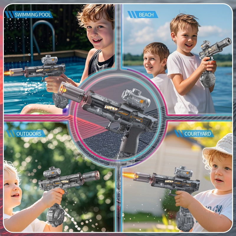 Electric water gun with blue accents, shown aimed for water spray