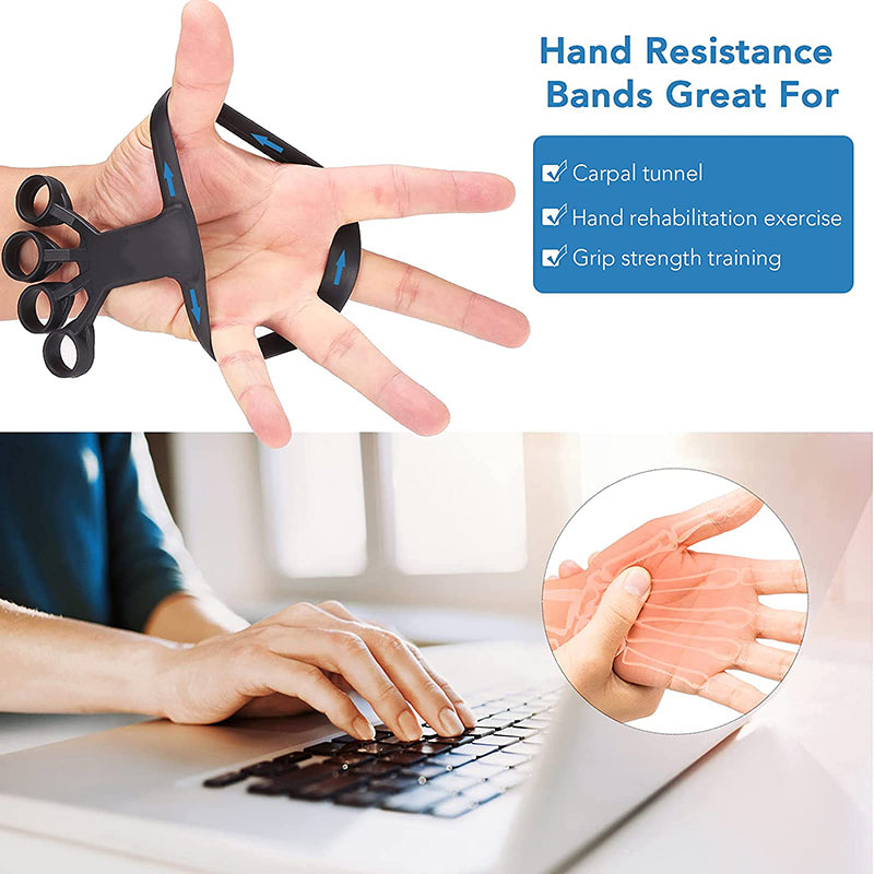 Silicone hand finger resistance stretcher with black loop band and blue accents on wrist