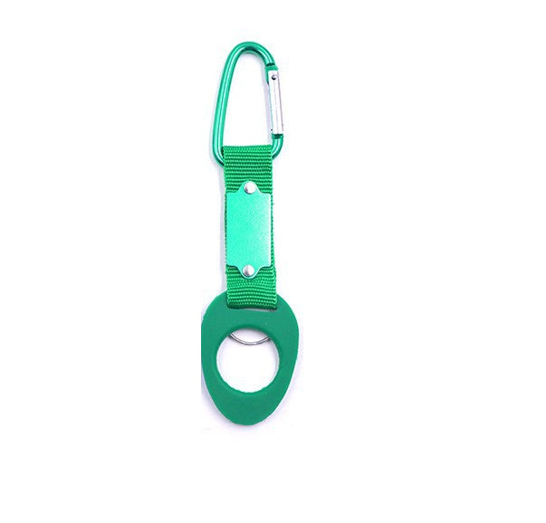 Sports water bottle hanging buckle strap with green loop and metal carabiner clip