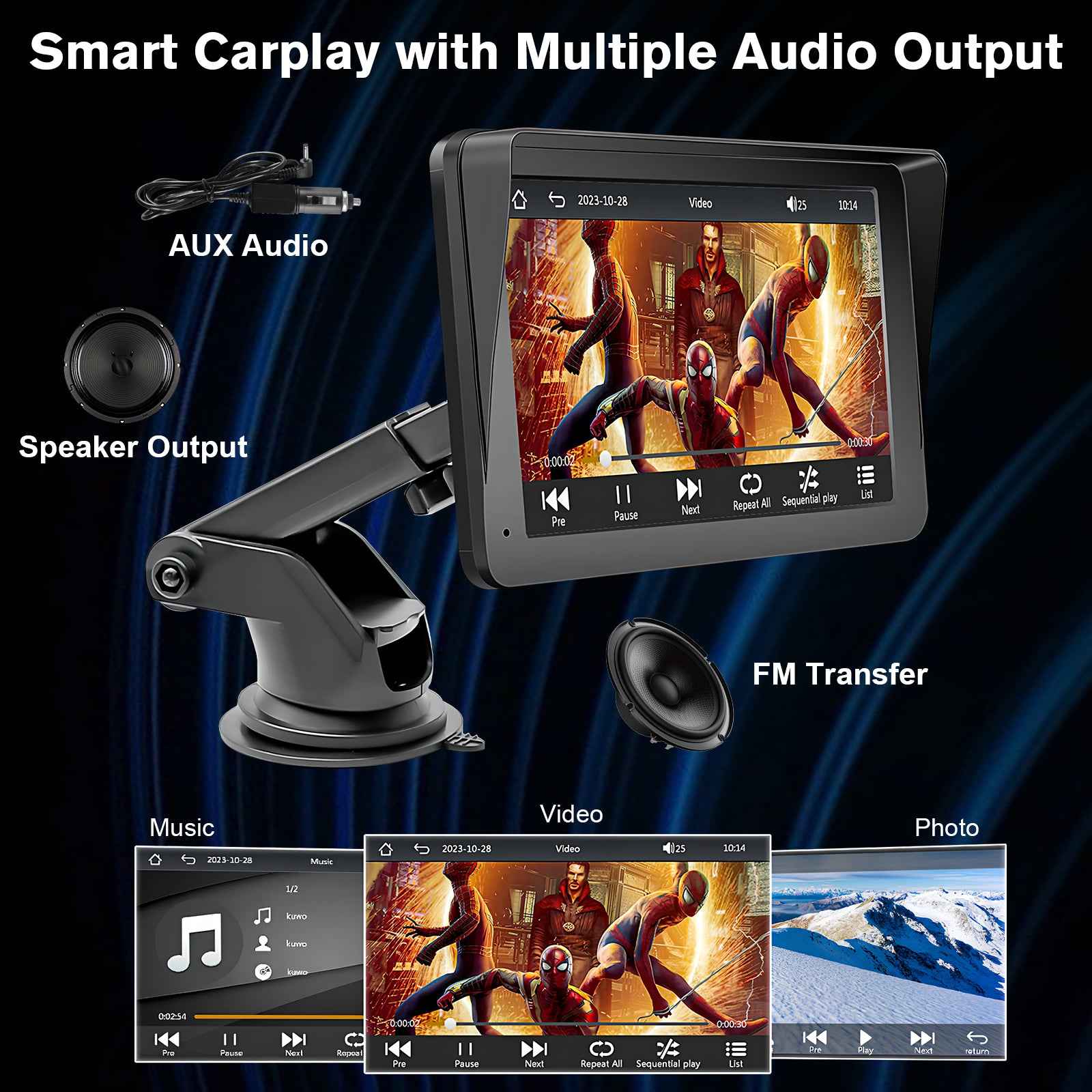 Portable car stereo touchscreen with AUX audio and FM transfer connections