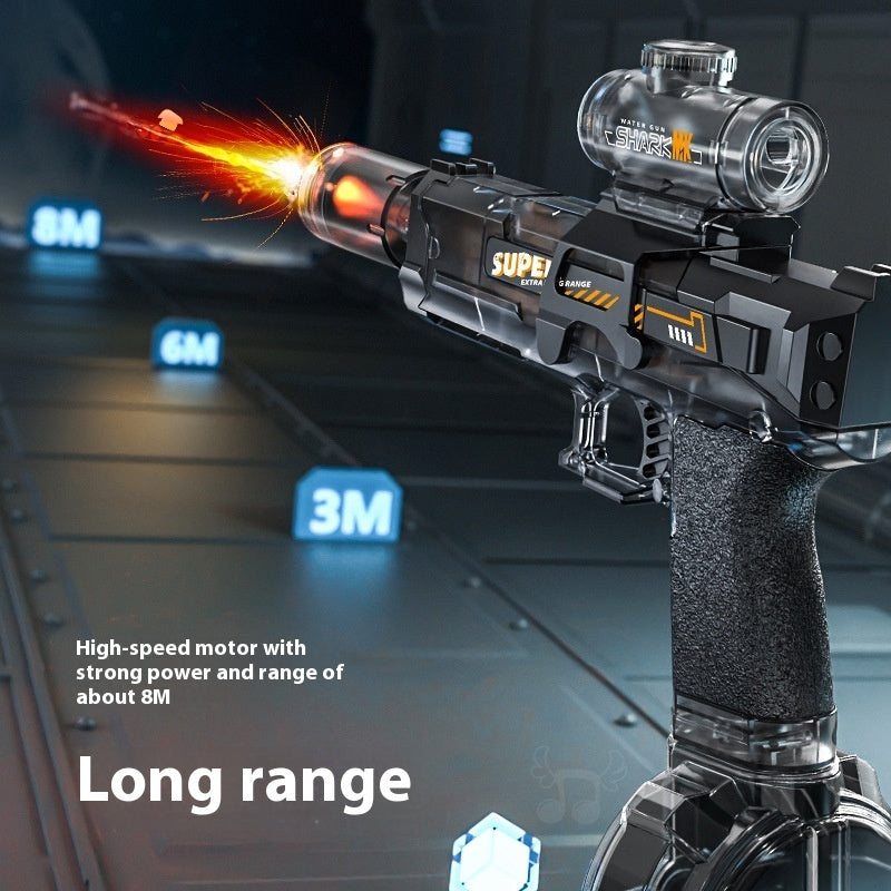 Black electric water gun with glowing muzzle and transparent front launcher