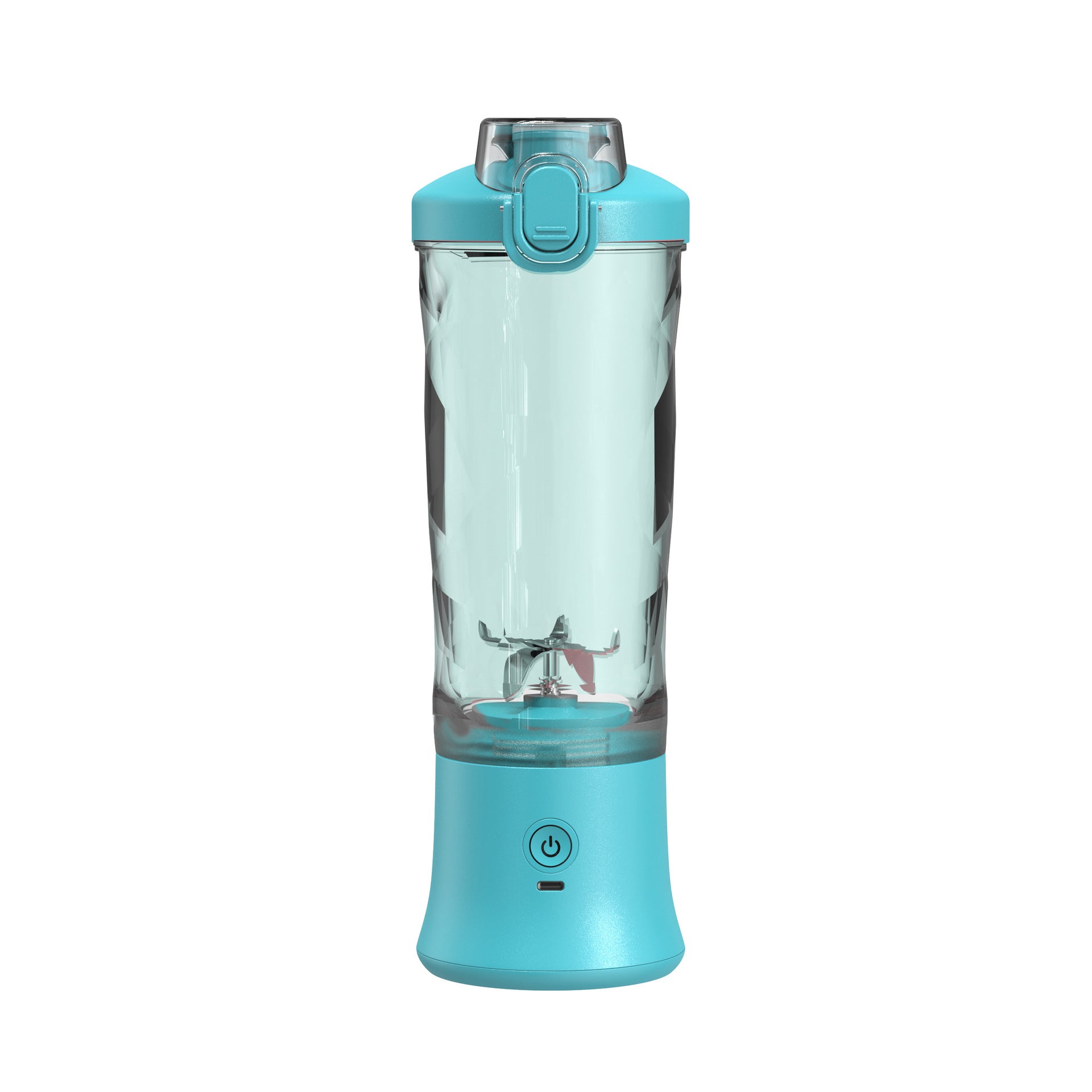 Portable blender juicer, clear cup with teal base and teal lid