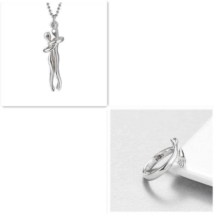 Silver-tone hug pendant necklace with heart charm and chain, unisex.