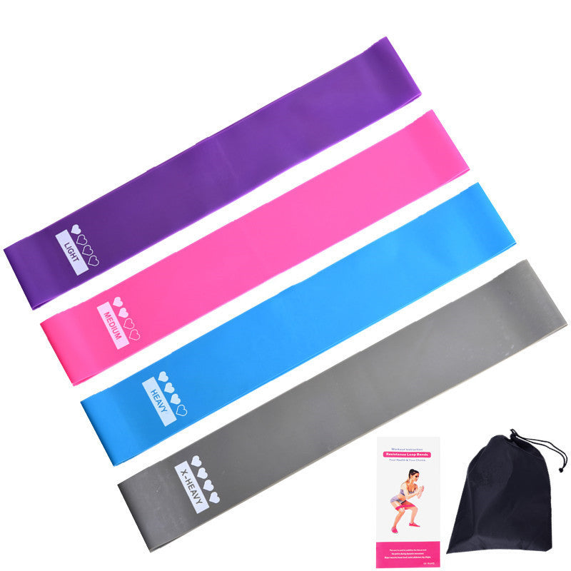 Resistance band set in purple, pink, blue, and gray with storage bag