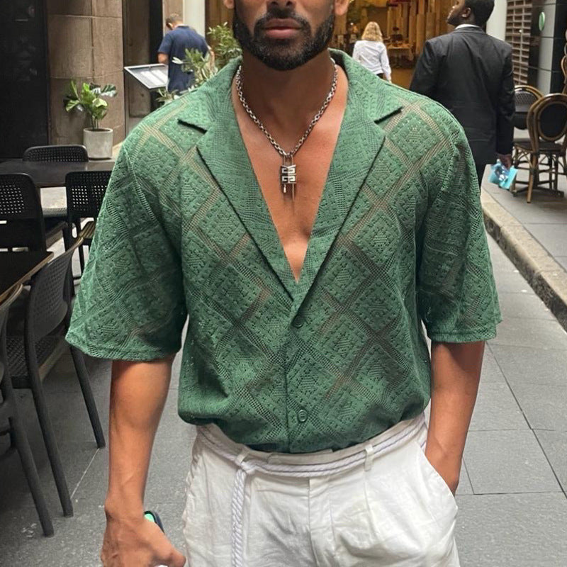 Men's short-sleeve lapel shirt in green, button-front and folded sleeves
