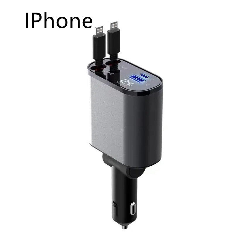 Silver and black car USB charger with two Type-C ports and compact housing