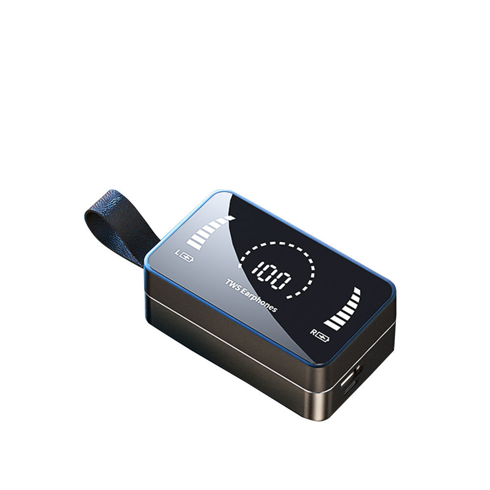 Black earbud charging case with blue accent lines and lanyard strap