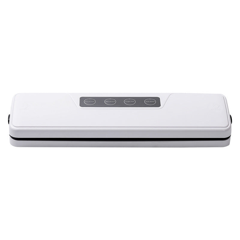 White vacuum sealer with top button panel and front sealing base