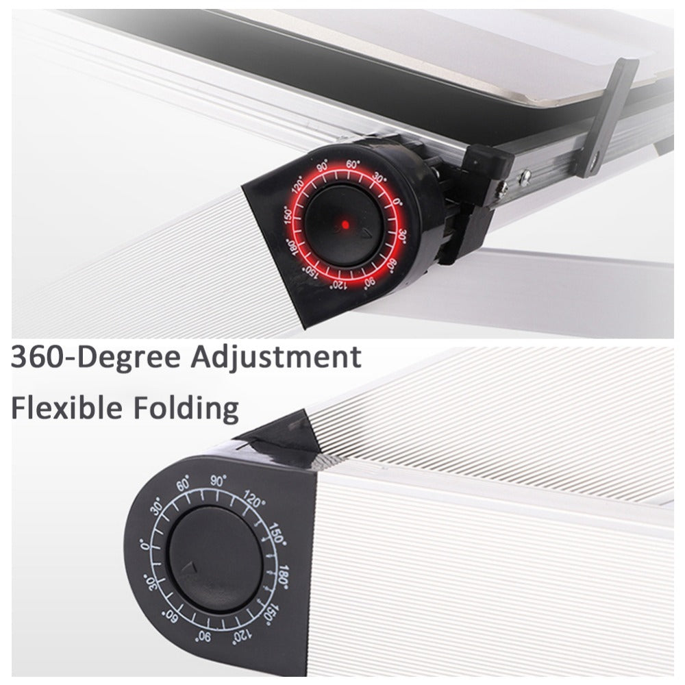 Foldable laptop stand angle adjustment knob and locking rail, close-up