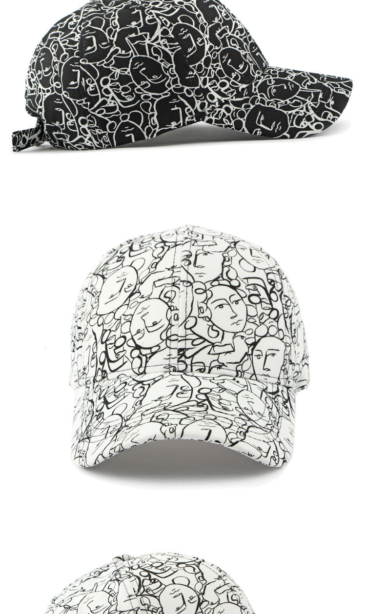 Black and beige retro peaked caps with face graffiti line patterns and curved brims
