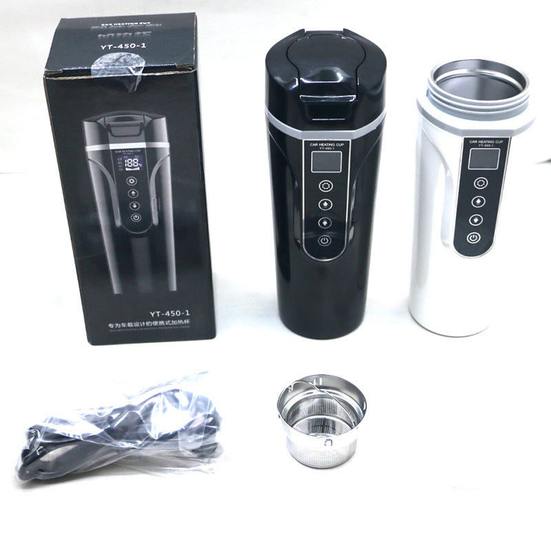 Heated car cup bundle with black and white cups, lid, and accessories