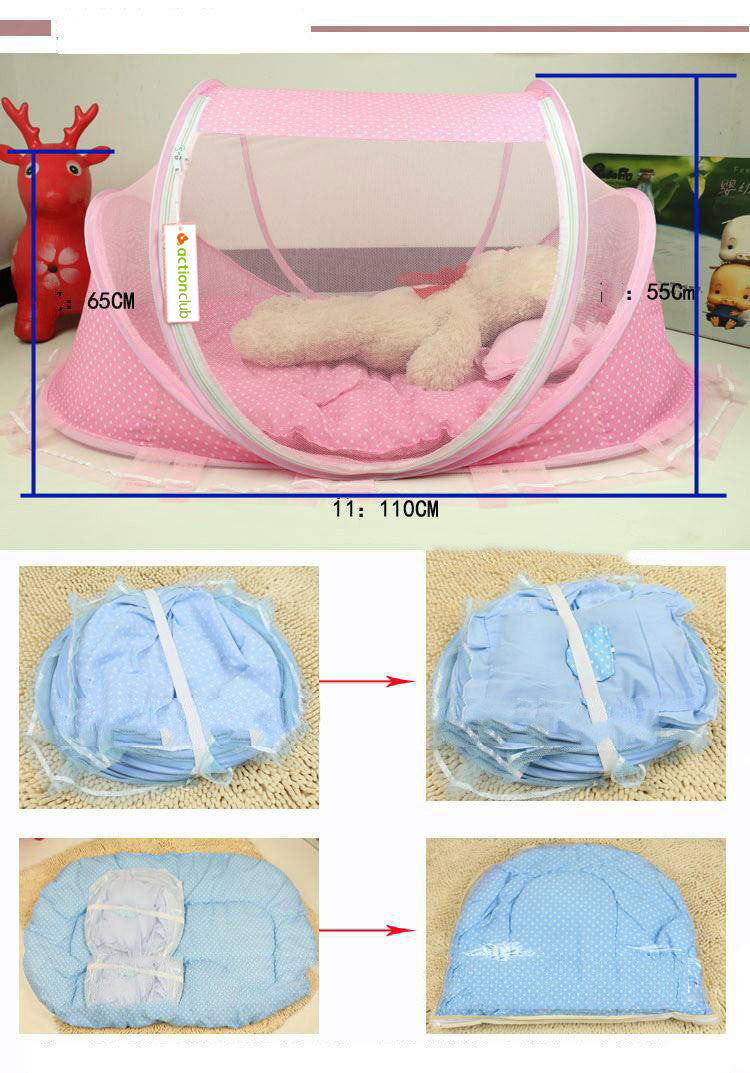 Foldable baby bed net set in pink, arched mesh canopy with pillow insert and transparent net