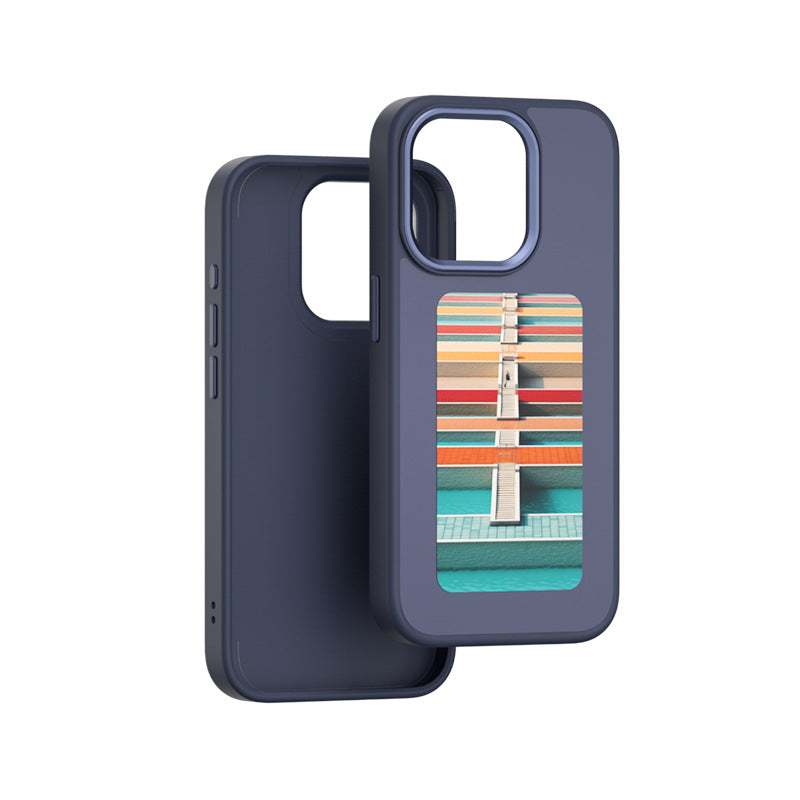 Phone case display screen with city-style window graphic, shown in navy blue.