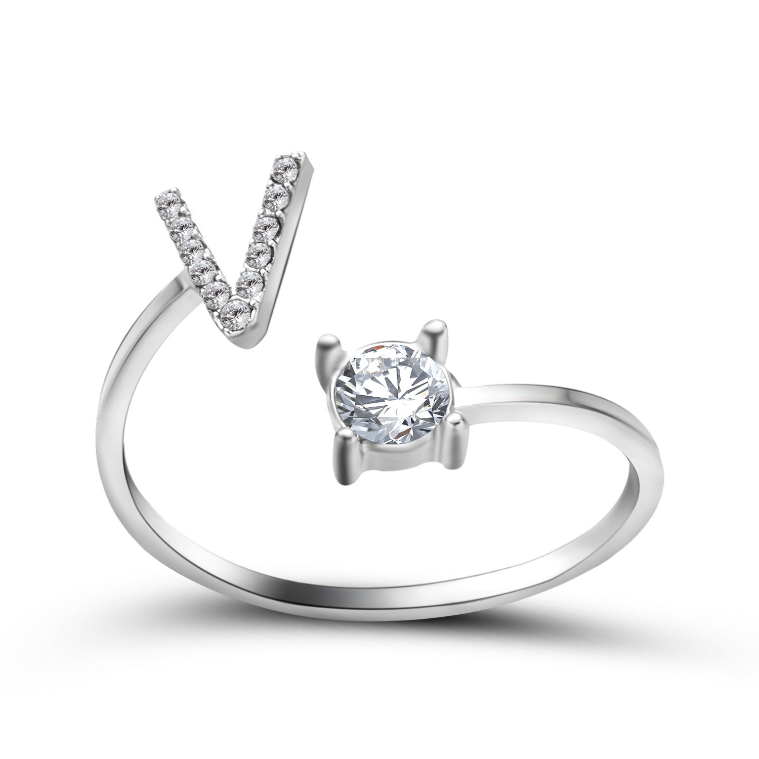 Adjustable initial letter ring with round clear stone, silver-tone pave V-shaped letter