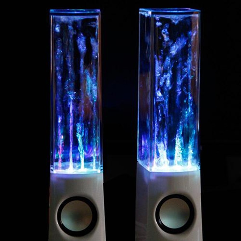 Water fountain LED speakers with clear tubes, bright blue water effect, white bases and round woofers