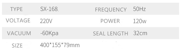 Vacuum sealer packaging machine specs: 220V, 120W, 32cm seal, -60KPa vacuum