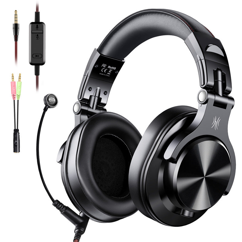 Black over-ear headphones with padded earcups and included audio cables
