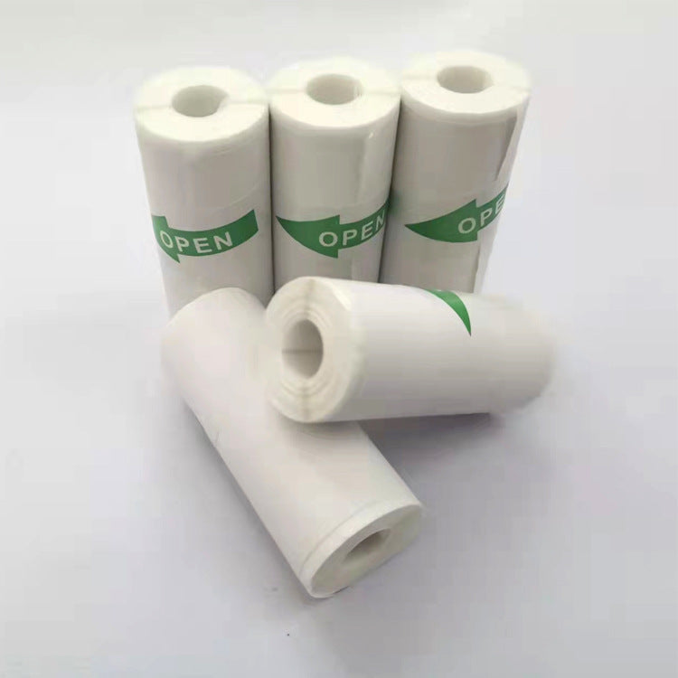 White paper roll set for mini label printer with green OPEN branding