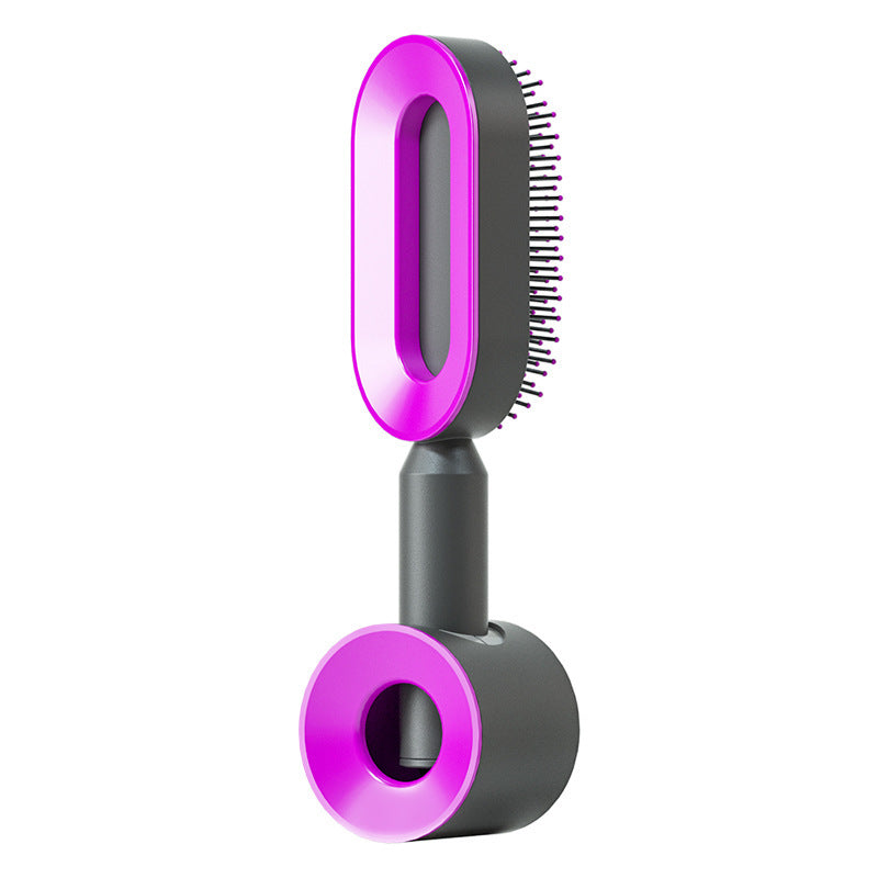 Self-cleaning hair brush with purple oval head and dark gray handle