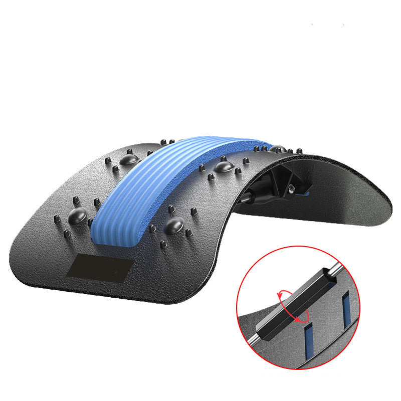 Lumbar traction therapy back brace with blue ribbed pad and grooved black base