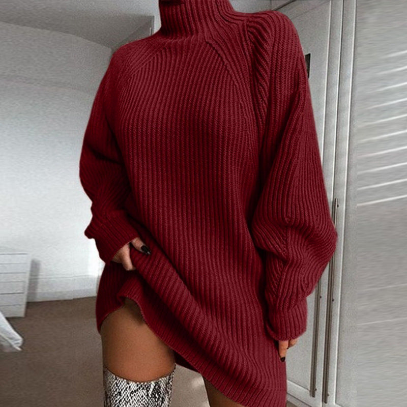 Turtleneck knit sweater dress, wine red, long sleeves with ribbed cuffs
