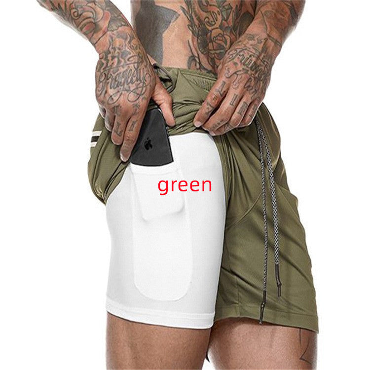 Olive pocket compression shorts with front pouch and drawstring, white panel