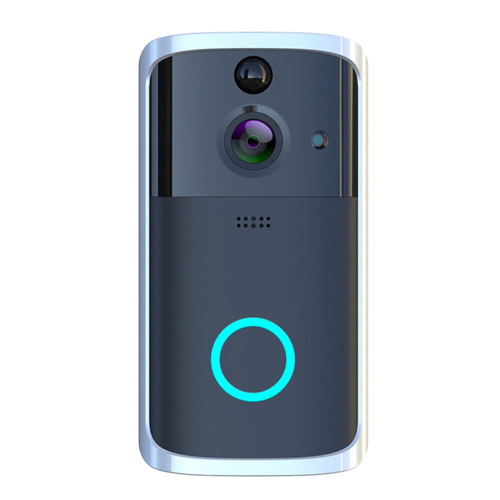 Silver WiFi video doorbell camera with black front panel, lens, and blue status ring