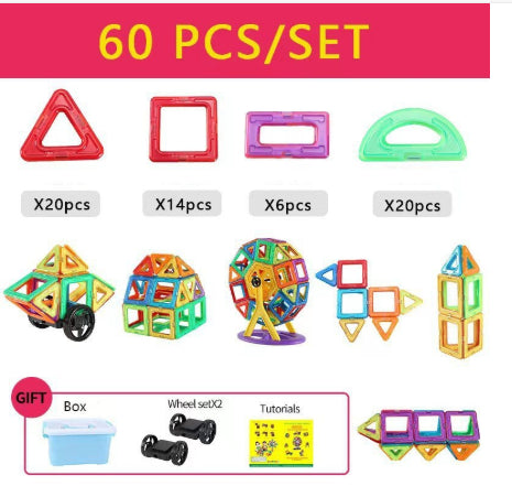 Magnetic building blocks set with 60 colorful pieces, including triangles, squares, and window bars