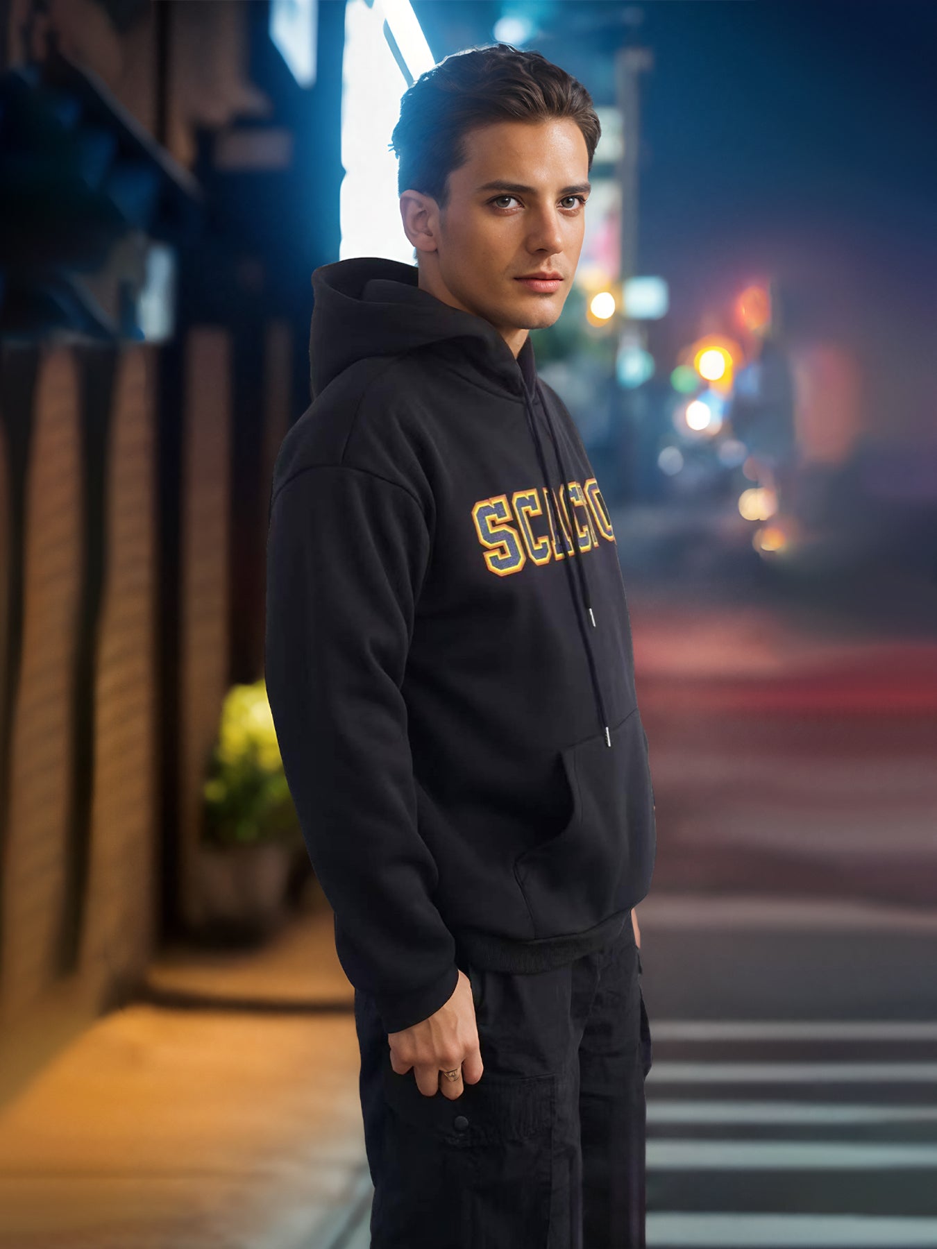 Black long-sleeve hoodie with hood, front logo print, and drawstring detail