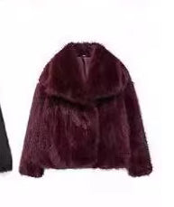 Burgundy plush faux-fur jacket with notched lapels and long sleeves