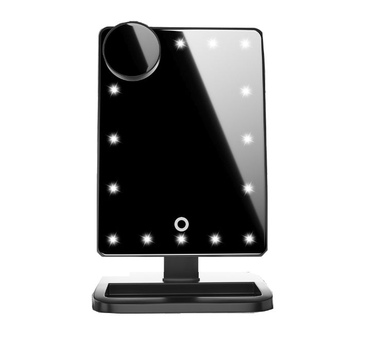 Touch-screen makeup mirror with stand, dark glass, round LED light button