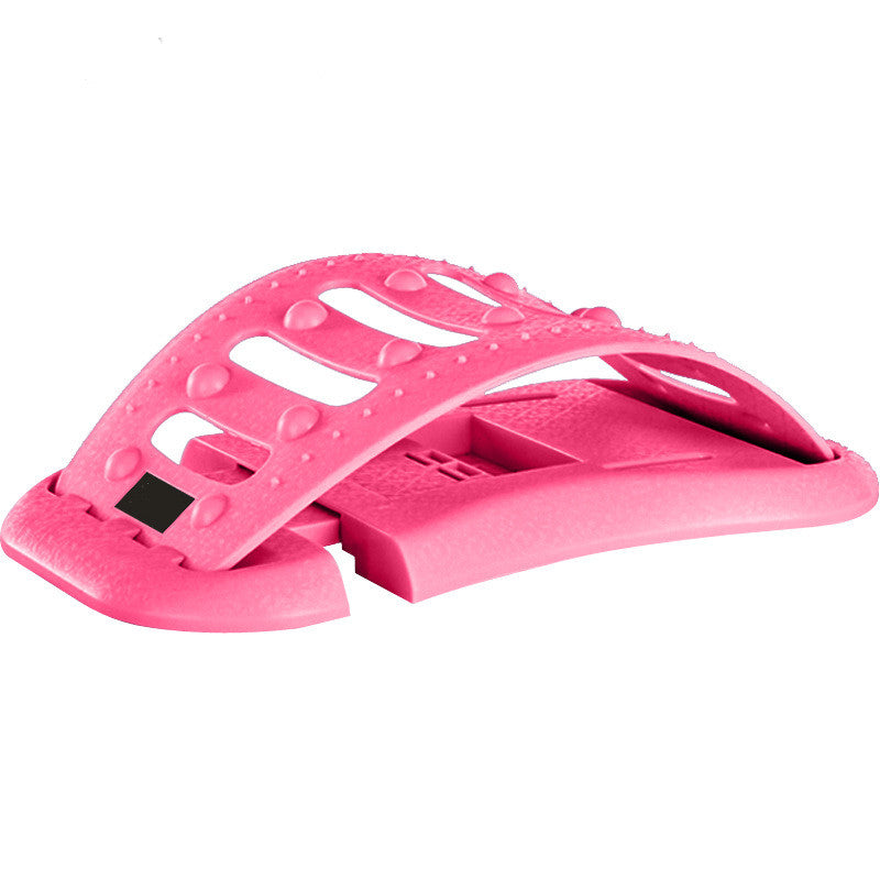 Pink lumbar traction brace with curved design and molded support ridges