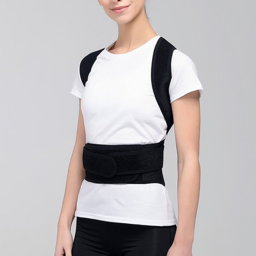 Black posture corrector with mesh back panel and wide waist support belt