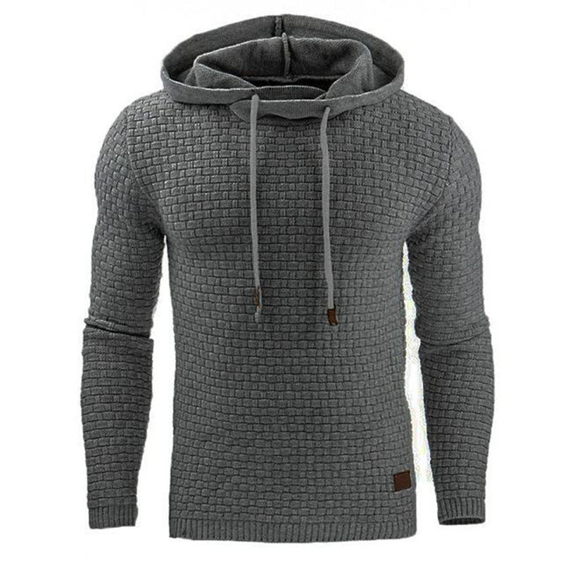 Men's textured hoodie in dark gray, drawstring hood and front pocket