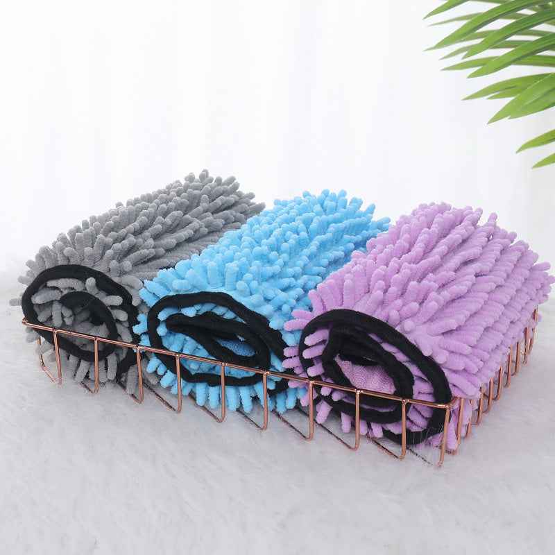 Pet drying mats in gray, blue, and purple with black straps and shag loops