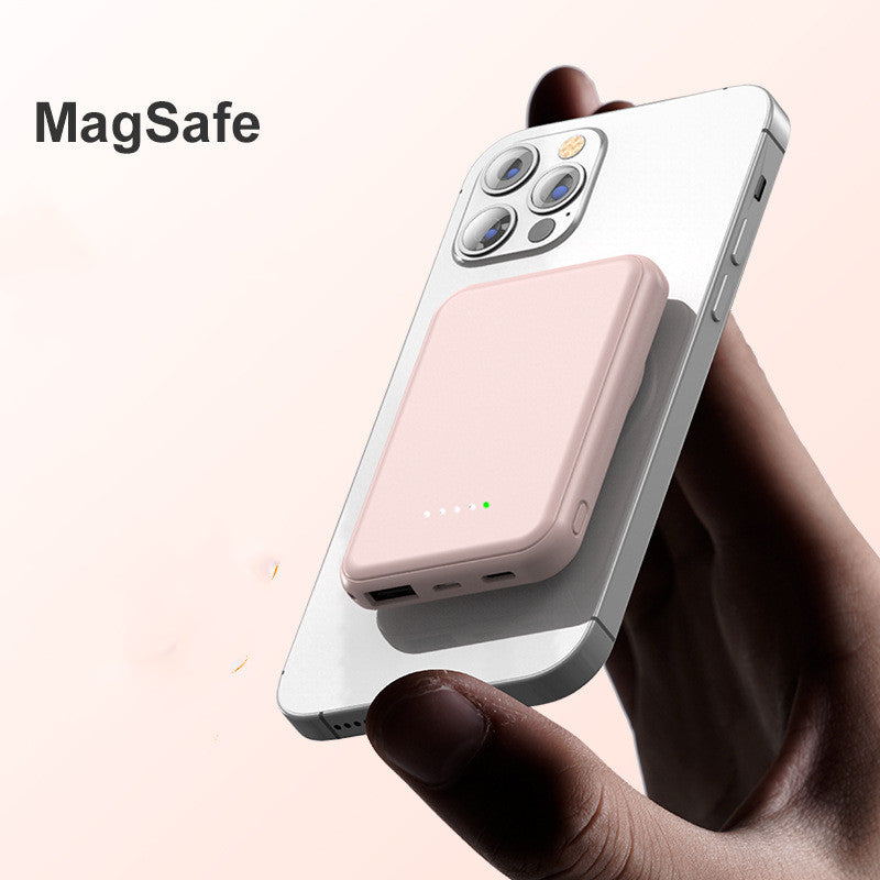 White magnetic wireless power bank with pink charging area and side ports