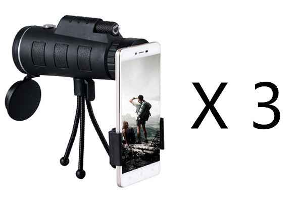 Monocular telescope with phone clip on tripod, black scope on three legs