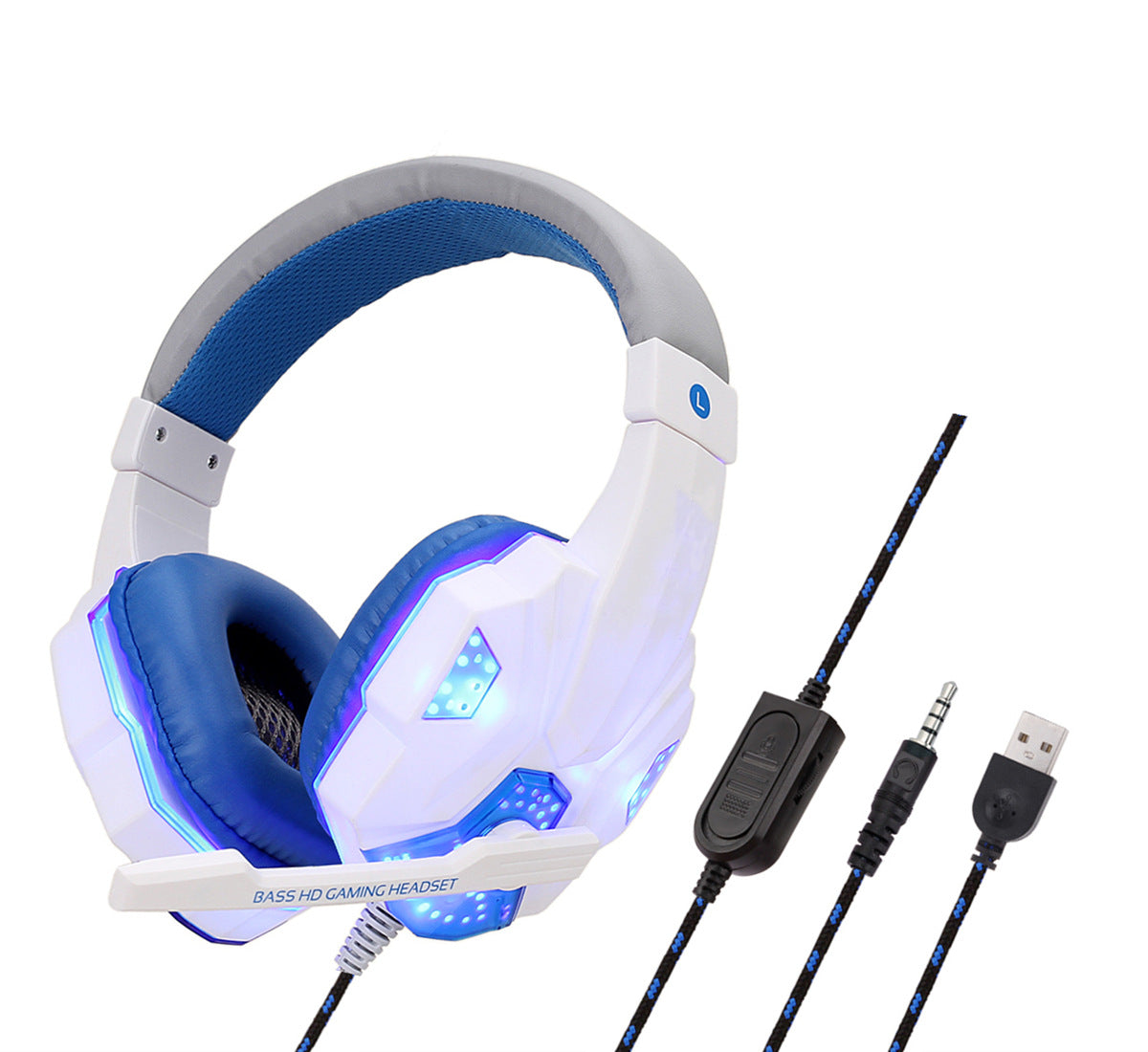 Over-ear gaming headset, white and blue with glowing LED accents and cables