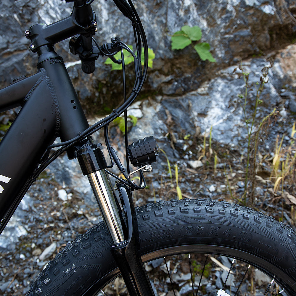 Front suspension fork and headlight area on black fat-tire e-bike, close-up