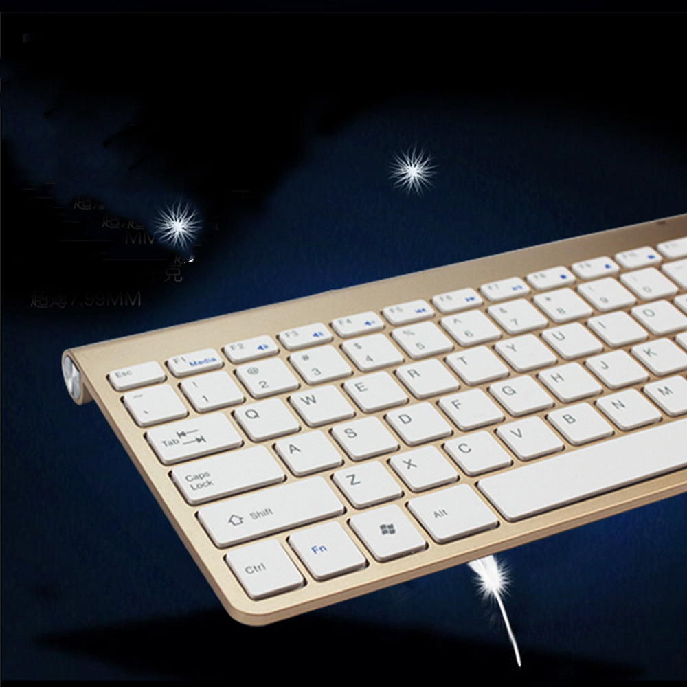 Beige wireless mini keyboard and matching mouse, close-up key layout