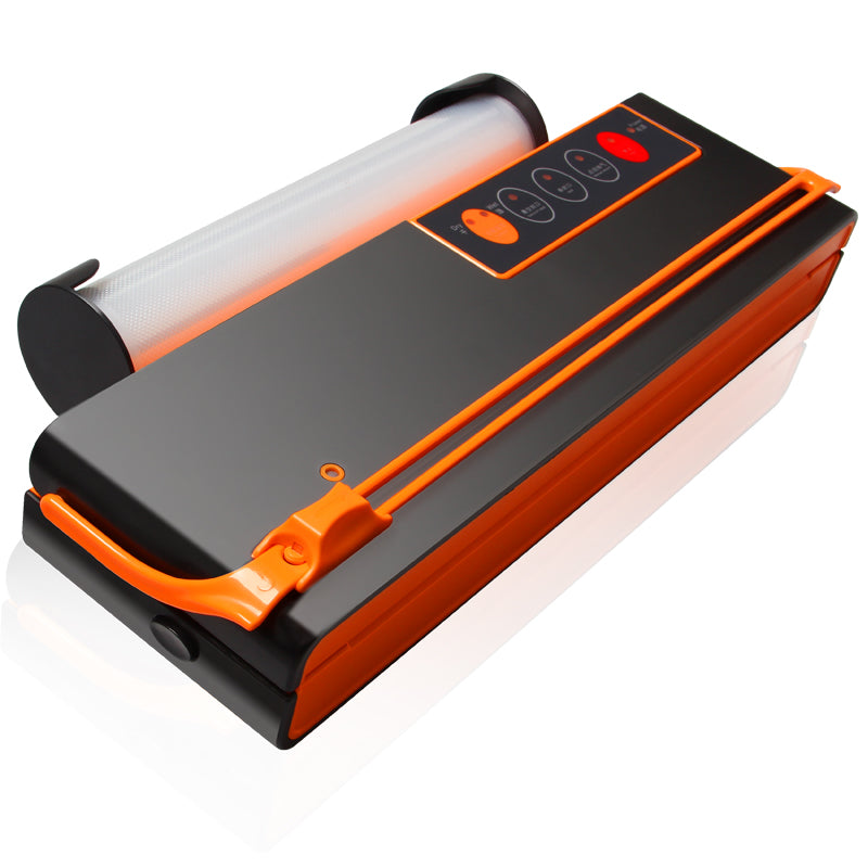 Vacuum sealer packaging machine, orange and black with clear vacuum chamber sleeve